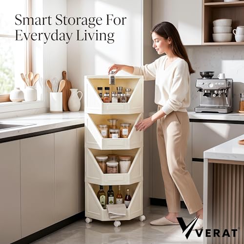 Image of VERAT 4 Tier Plastic Corner Storage Cabinet Foldable Cupboard with Layer Locking System Multipurpose Storage Organizer Rack for Clothes Books Toys and Home Decor White (Off White)