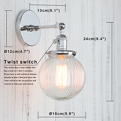 Image of PERMO Sconce with Switch Industrial Gold Wall Sconce Lighting with Ribbed Globe Lampshade (Chrome, 1 Light-Hardwired)