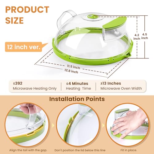 Image of 12 Inch Microwave Splatter Cover, Upgraded Microwave Cover for Food with Water Steamer, Integrated Handle, Splatter Guard, Cookware lid, House Warming Gifts New Home, Green