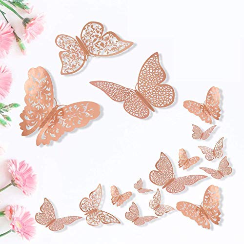 ForTomorrow Butterfly Wall Decals Metallic Paper 3D Home Decor Art Stickers DIY Man-Made Decorative Murals for Living Room Kids Girls Bedroom Nursery Party (Rose Goldï¼ˆSingle-Layer Wingï¼‰, 36 PCS)