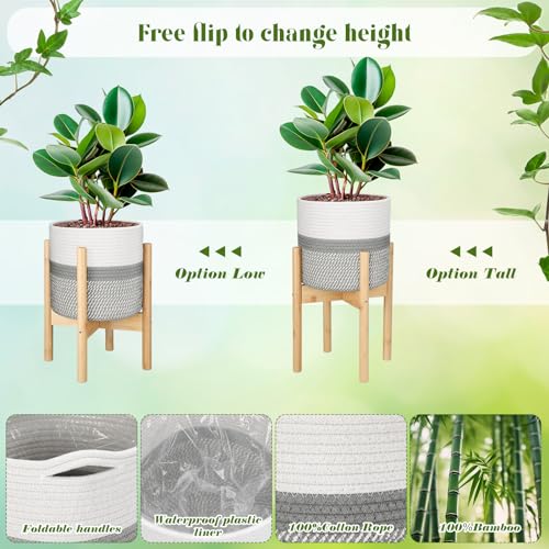 Sunnychicc Plant Basket with Stand Indoor Planter Pot Holder Sturdy Jute Rope Modern Woven Plant Basket, Cotton Rope Woven Pot with Bamboo Plant Stand(White and Gray,10 Inch)