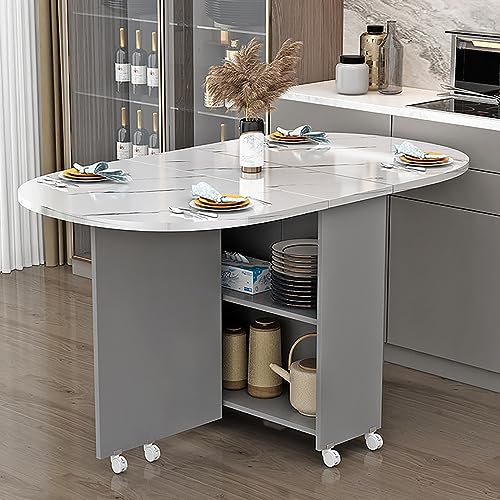 Mesa de comedor plegable con ruedas, diseño de hojas caídas y estante de almacenamiento de 2 capas para espacios pequeños, solución de ahorro de espacio para cocina y sala de estar