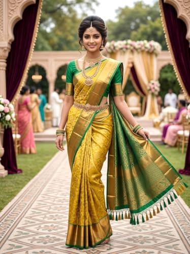 Image of VFCollections Women's Traditional Handloom Kanchipuram Silk Pure Pattu Sarees | Rich Zari Woven Design | Bridal Saree | Unstitched Blouse