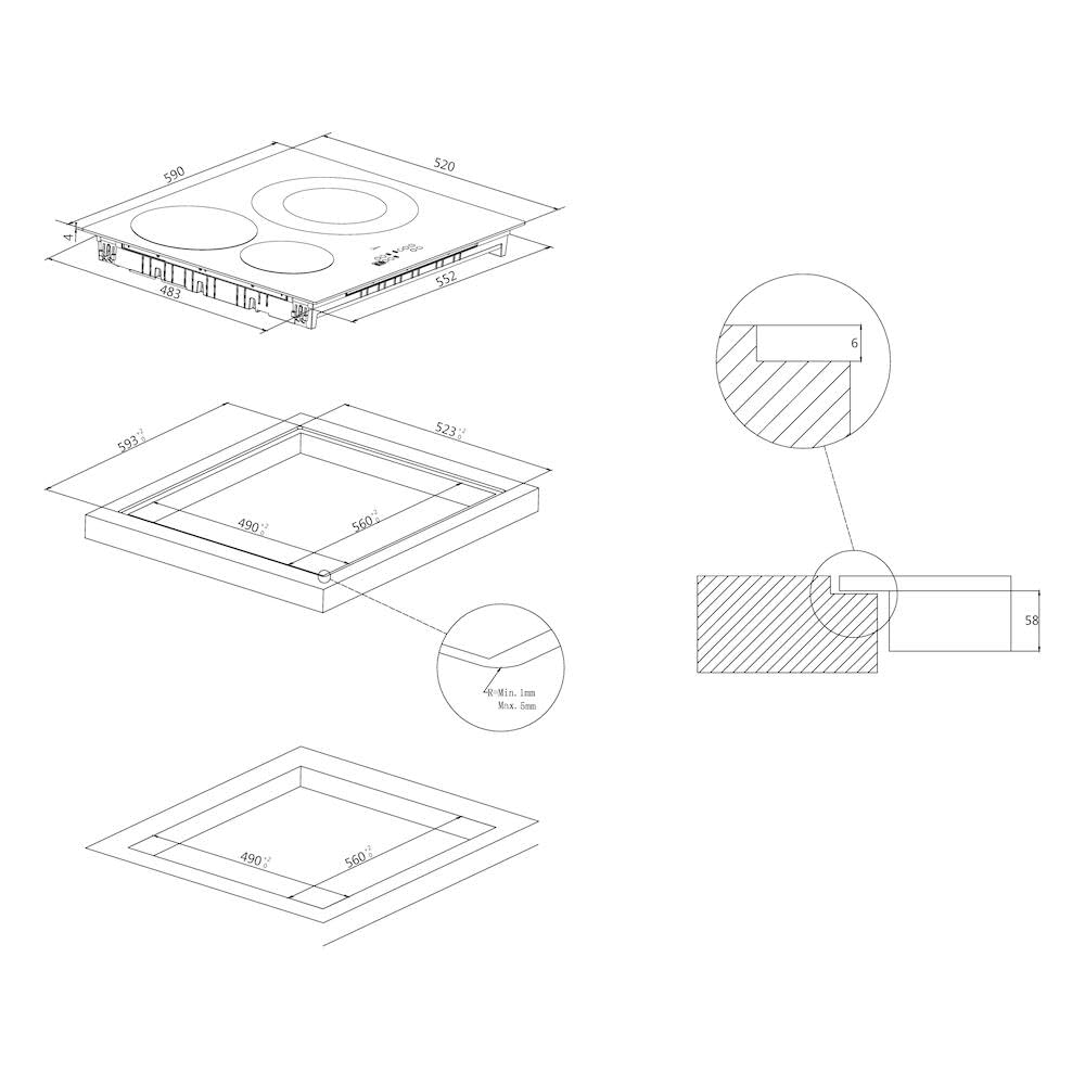 Candy CI633C/E14U Plaque à induction 60 cm 3 zones 7,2 kW 9 niveaux de puissance Booster