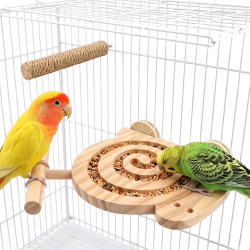 EKIXINKARA Bird Foraging Toys with Perch, Visible Slow Feeder Wooden Puzzle, Winding Grooves Help Reduce Mess, No Glue & No Exposed Screws, Include Extra Chew Perch for Novice/Older Birds
