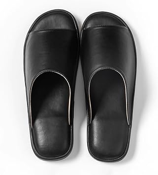 Mens Premium Textured Leather House Slippers with Memory Foam Sheepskin Breathable Open Toe Slipper,Comfort Soft Indoor Slide Slip On Sandals for MenBlack,EUR43-44