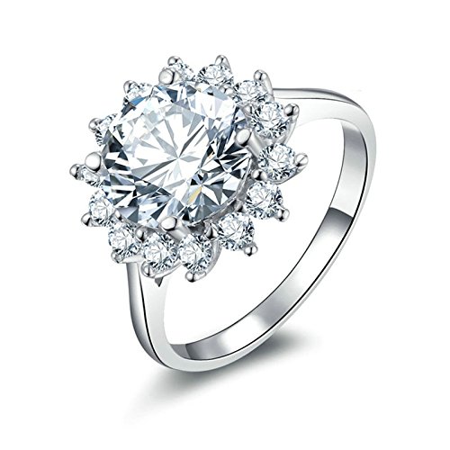 Aokarry Ladies Jewelry 925 Sterling Silver Bridal Wedding Rings Jewelry Flower Ring Round White Cubic Zirconia Size 9