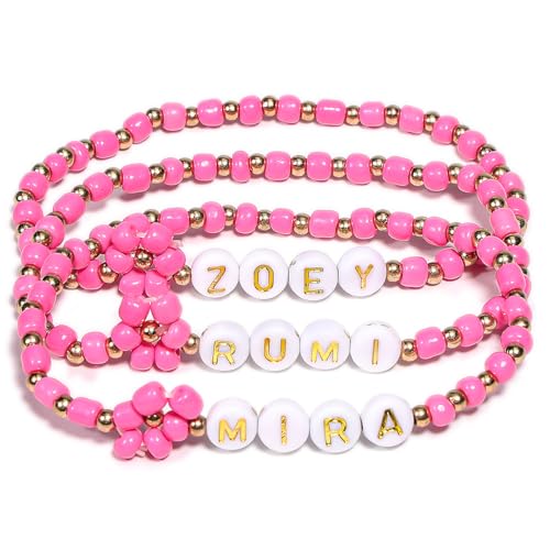 AICase for Kpop Demon Hunters Merch Rumi Zoey Mira Inspired Bracelets 3 Pcs Stackable Stretch Friendship Beaded Bracelets for Huntrix k pop Unique Merchandise Jewelry Gifts for Fans Women Men_Pink
