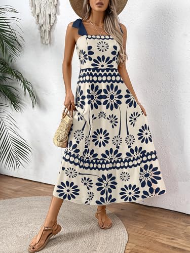 Image of Women's Floral Print Maxi Dress - Adjustable Tie-Shoulder, Lightweight Beach & Summer