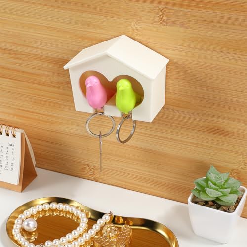 Holibanna Weiß Vogelhaus mit 2 Pfeife Schlüsselanhänger Rosa Grün Sparrow Schlüssel Ring Halter