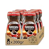 NESCAFÉ CLASSIC DESCAFEINADO todo aroma y sabor, café soluble descafeinado, frasco de vidrio, Pack de 6 x 200 g.