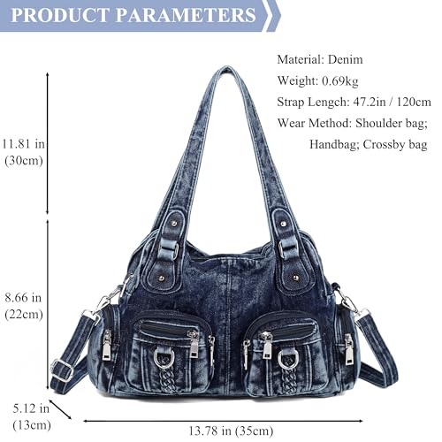 Image of Designer Denim Handbags for Women Hobo Tote Bag Crossbody Denim Purses Blue Jean Shoulder Bag