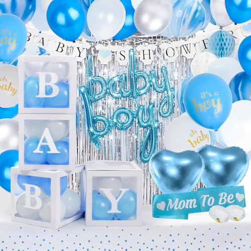 Baby Shower Decorations for Boy - All-in-One Inclusive Baby Boy Shower Blue Decorations JUMBO 165 Pcs Set - Welcome First Birthday Photo Shoot Décor Balloons Arch Boxes with Letters Kit