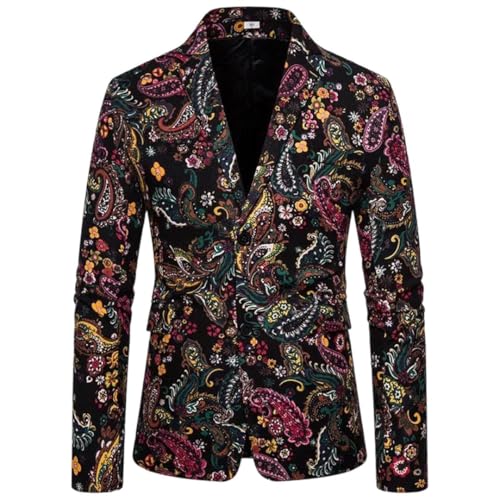 Men's Printed Suit Jacket Single Breasted Cotton Linen Casual Coat V-Neck Long Sleeve Blazers Tops