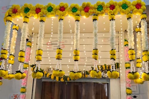 Image of S2S Plastic Artificial White Gajra Jasmine & Marigold Flower Strings | Beautifully Crafted Artificial Flower Strings | Perfect For Diwali, Ganpati & Pooja, Temple, Mandir Decoration (Pack Of 5)