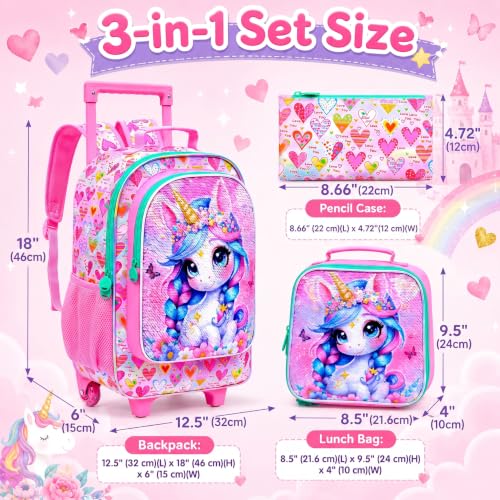 Image of CCJPX 18 inch Unicorn Rolling Backpack for Girls, 3Pcs Kids Wheeled Bookbag with Lunch Box, Lightweight Roller School Bag for Elementary Preschool (Pink)