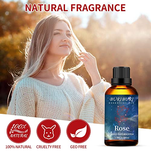 Image of BURIBURI Rose Essential Oil 100ML Gifts Set 100% Pure Natural Undiluted Aromatherapy Rose Oil 3.38fl.oz for Soap, Candle Making, Massage, Diffuser, Humidifier