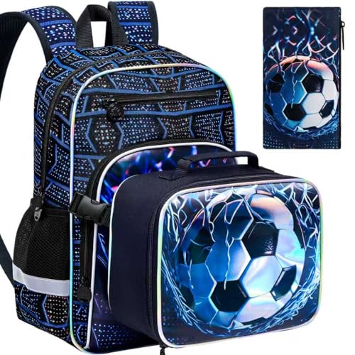 Image of HPJGD 3PCS Backpack for Kids, 17 inch Boys Soccer Preschool Bookbag Set with Clip-On Lunch Box, Water-Resistant School Bag for Elementary - Thrash Net Soccer
