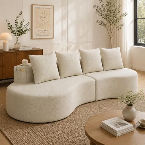 KOMHTOM Canapé Modulable 3 Places en Lin, Canapé d'angle L avec 4 Confortable Coussins, Coussin de Siège Haute Résilience, 240 x 109 x 60 cm (Beige-B)