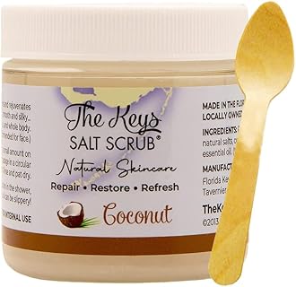 The Keys Salt Scrub -Sea Salt Scrub - Exfoliating Body Scrub with Wooden Spoon - Moisturizing Exfoliator for Hands, Foot, Bath, (3.4 Ounce (Pack of 1), Coconut)