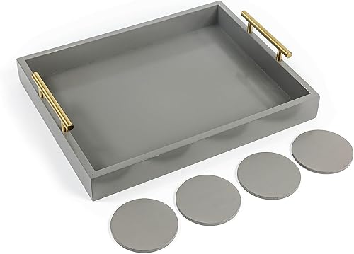 Bandeja de servicio de 16.5 x 13 pulgadas, bandeja otomana de madera de lujo para mesa de café con asas de metal dorado pulido y 4 posavasos,