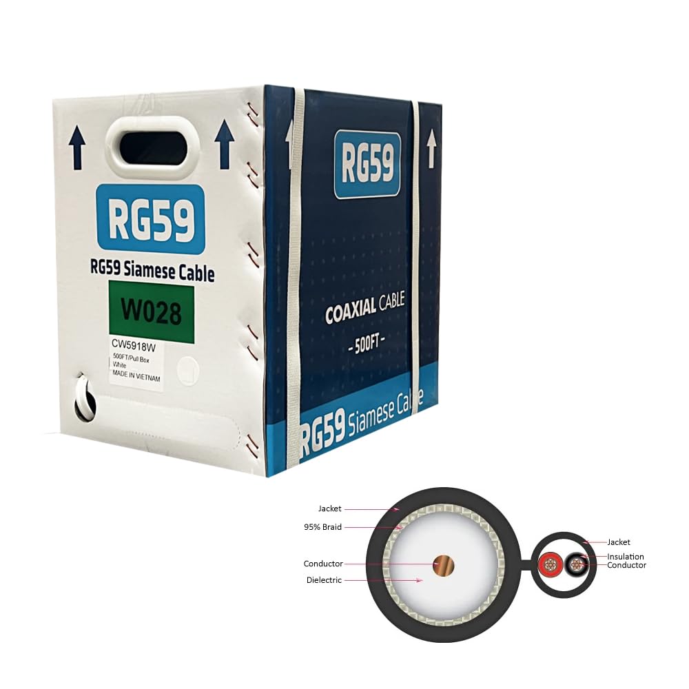ENS RG59 Coax 500FT Solid Bare Copper Siamese Coaxial Cable Bulk- 20 AWG RG59 Video, 18/2 18AWG Power Coaxial CCTV Cable, UL Listed, Perfect for Professional CCTV Security Surveillance System, White