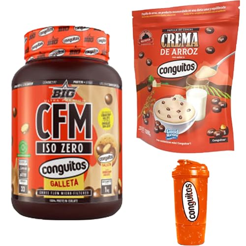 Pack Conguitos galleta Fitness premium:1kg Proteína CFM ISO ZERO ,1kg Crema de Arroz y Shaker 500ml