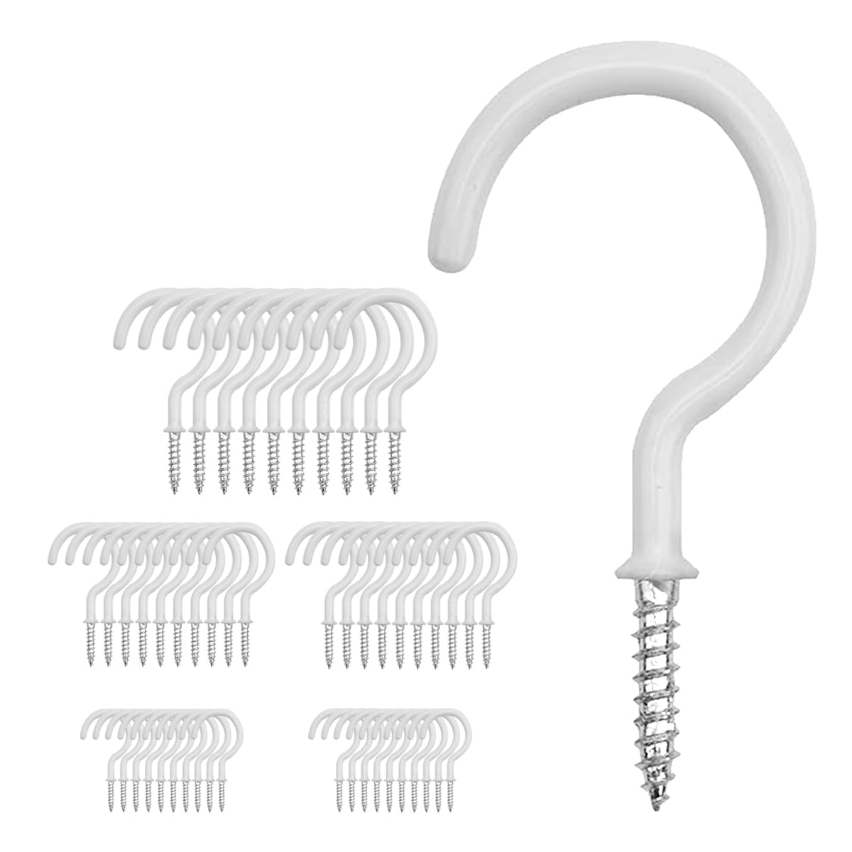 OUYULAI 50 Pcs Cup Hooks Screw - Metal Ceiling Hooks with PVC Plastic Vinyl Coating Black Screw in Hooks for Hanging Plants, Cups, Lights, Kitchen Utensils, 3 Sizes(1-1/4'',1'',2'') (White)