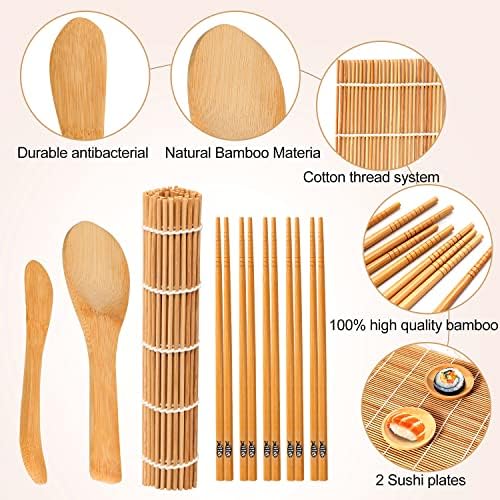 BQSHX Sushi Rolling Mats, Bamboo Sushi Making Kit for Beginners, 12 Pieces Carbonized Sushi Making Kit, 2 Sushi Roller Mat, Rice Paddle, Bamboo Chopsticks, Plates, Canvas Bag Included