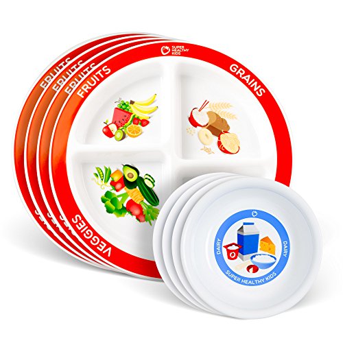 Health Beet Portion Plate Choose MyPlate for Kids Toddlers - Kids Plates with Dividers and Nutrition Portions Plus Dairy Bowls - English Language Set of 4