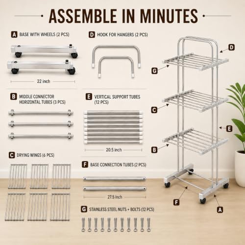Image of KITCHIVO 3 Tier Rolling Clothes Drying Rack with Wheels, Stainless Steel Laundry Organizer and Garment Dryer Stand for Home, Balcony and Utility Room (3-Tier S.S)