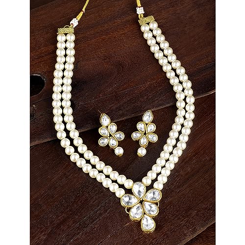 Image of Peora Crystal Faux Pearl Kundan Necklace & Jewellery Set Gift for Women