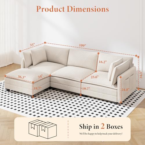 Image of Vesgantti 109 inch L Shaped Cloud Sectional Couch, Comfy Corduroy Upholstered Modular Couches for Living Room, Modern 3 Seater Sectional Sofa with Ottoman Deep Seat, Beige