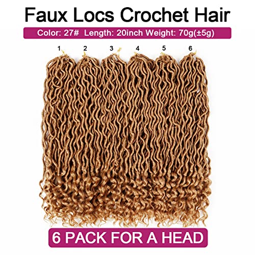 6 Packs Goddess Locs Crochet Hair 20 Inch Faux Locs Crochet Hair With Curly Ends, Crochet Pre Looped Hair Brown Deep Wave Synthetic Braids Hair Extensions (20Inch, 27#) #TOP4