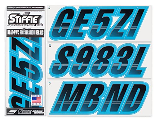 Image of STIFFIE Techtron Black /Sky Blue 3 inch Boat & PWC Registration Decals • Numbers Letters Stickers