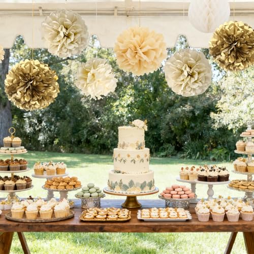 Image of Gold Champagne Gold and Ivory Paper Pom Poms for Wedding Birthday Gold Party Decoration - Ceiling Wall Hanging Tissue Flowers - 12pcs 3 Colors of 12 Inch 10 Inch 8 Inch