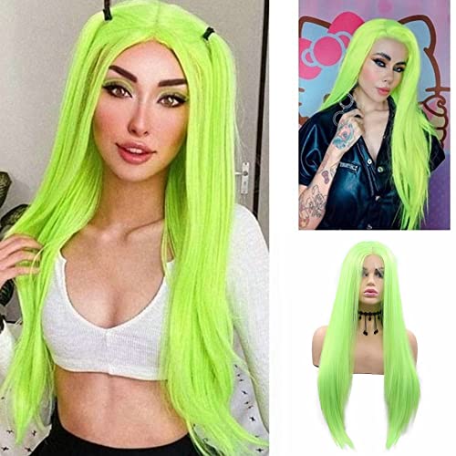 perruque verte fluorescente pour femme Cosplay Longue synthétique Lace Front Perruque pour Drag Queen Cheveux raides Couleur vive Vert citron perruque Cover