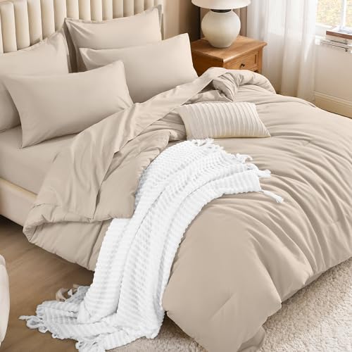 Image of Litanika Comforter King Size Set Khaki - 7 Pieces Bed in a Bag King Bedding Comforter Sets, Plain Lightweight Bed Set with Comforter, Sheets, Pillowcases & Shams