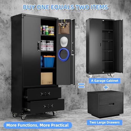 Image of Metal Garage Storage Cabinet with Wheels, 2 Drawers and Pegboard Doors