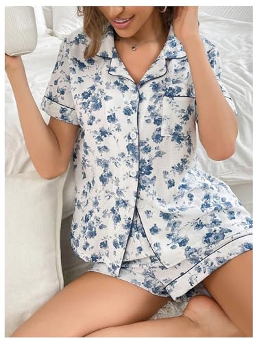 Image of SHENHE Women's 2 Piece Pajama Set Bow Graphic Button Down Short Sleeve Lapel Shirt Pj Short Set