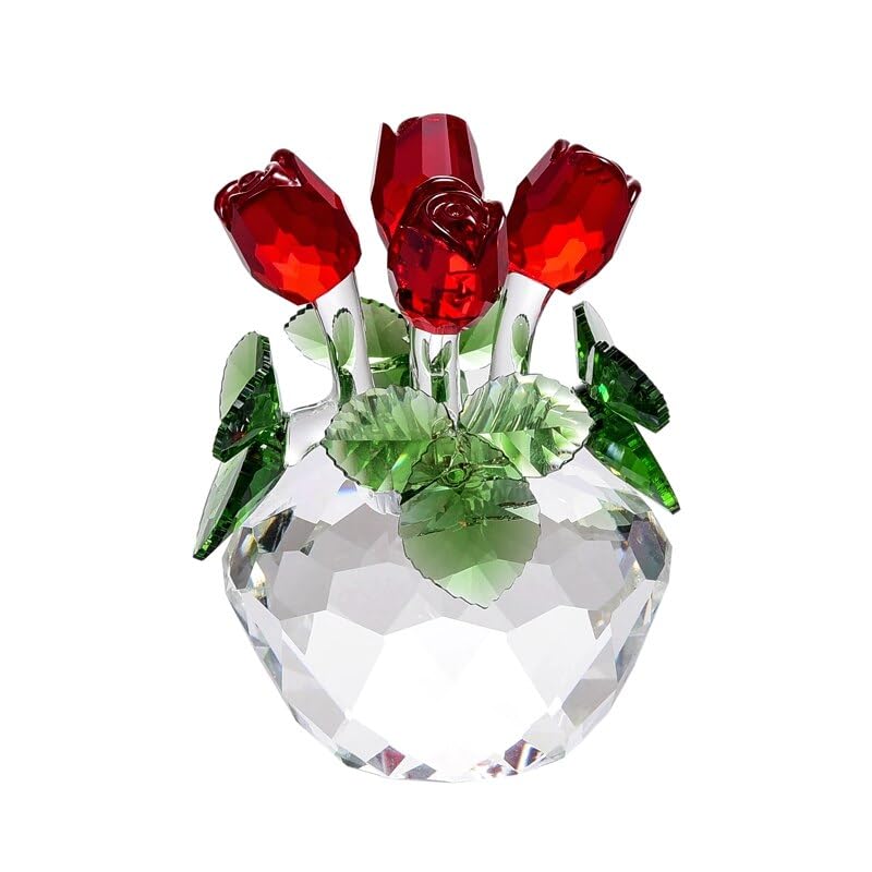 Crystal Rose Flowers Figurine Spring Bouquet Sculpture Glass Dreams Ornament Home Wedding Decor Collectible Gift Souvenir (Color : Red)