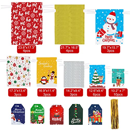 Moretoes 36Pcs Christmas Drawstring Gift Bags With 8 Sizes 8 Designs Assorted Foil Wrapping Christmas Gift Santa Goody Bags Upgraded With Tags For Xmas Holiday Presents Party Favor #TOP2