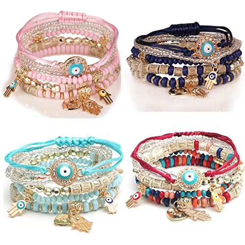 Image of Bohemian Evil Eye Beaded Stretch Bracelet Multilayer Hamsa Hand Boho Adjsutable Bracelet Set Multicolor Crystal Beaded Lucky Protection Bangles Strand Bracelet Set-4Sets-B