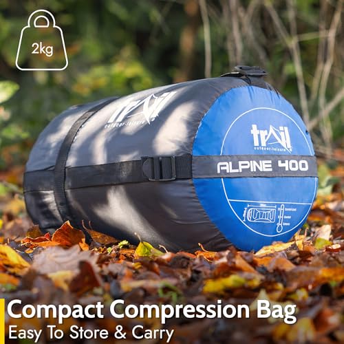 Trail Alpine 400 Hooded Sleeping Bag, 3 to 4 Season Extra Warm Double Quilted 400gsm Hollowfibre Filling, Snug Drawcord Hood, Full Length 2 Way Zipper, Single Adult, Lightweight with Bag (Blue) - 6