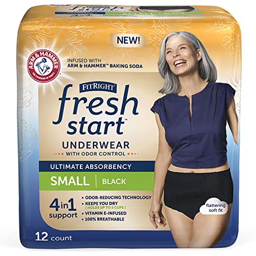 Image of FitRight Fresh Start Incontinence and Postpartum Underwear for Women, Small, Black (12 Count) Ultimate Absorbency, Disposable Underwear with The Odor-Control Power of ARM & Hammer