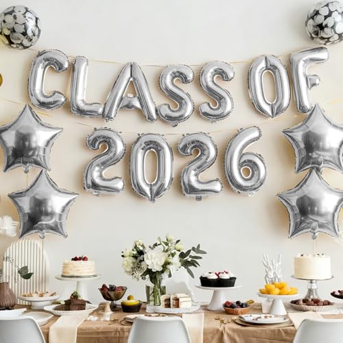 Image of Graduation Balloons, Class of 2026 Balloons, 16 Inch Silver Grad Class of 2026 Letters Foil Balloon with Star Balloons, Class of 2026 Decorations for High School College Graduation Party Decorations
