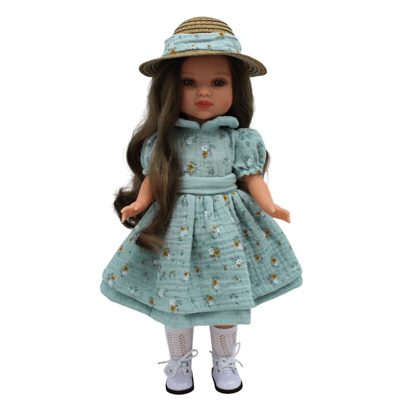 FOLK Muñeca Simona Original Artesanía 40 cm. Pelo mechas castaño y Rubio Vestido Sombrero Paja.