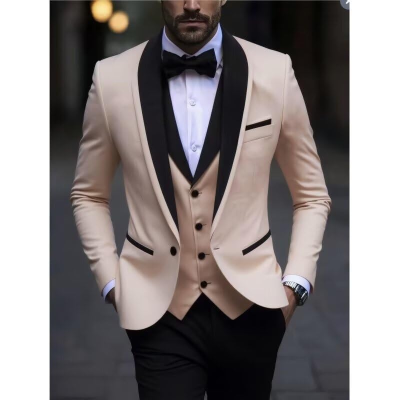 Men's Slim Fit 3 Piece Suit Business Black Lapel Shawl Groom Wedding Prom Tuxedo Suit3