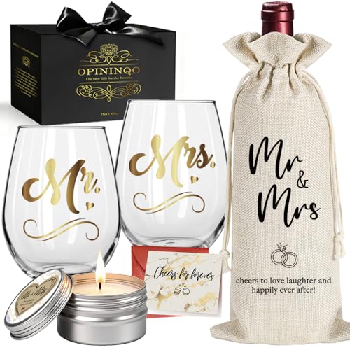 Opininqo Mr Mrs Wine Glasses Set Wedding Gifts for Couples Newlyweds - Engagement Gift for Bride and Groom, Bridal Shower Gifts for Bachelorette Future Mrs. - Wedding Registry Ideas, Valentine's Day