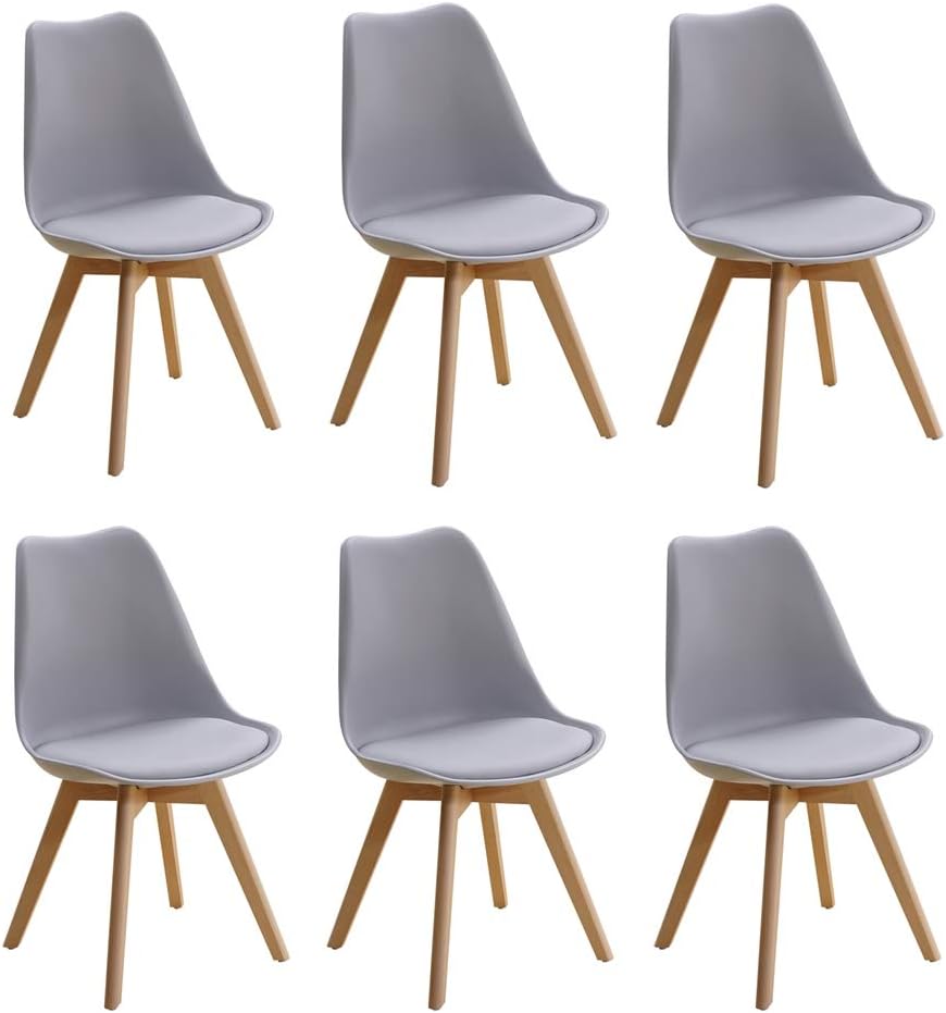 Set of 6 Modern Design Dining Chairs, with Cushioned PU Seat and Solid Wood Legs Retro Lorenzo Lounge Chair (Grey)